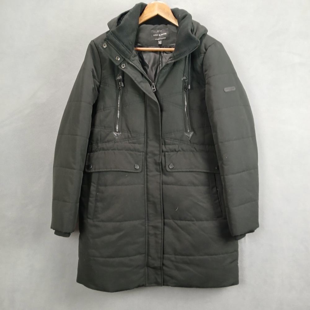 Lucky Brand Puffer Coat Womens XL Black Insulated Full Zip Hooded Thermal Winter